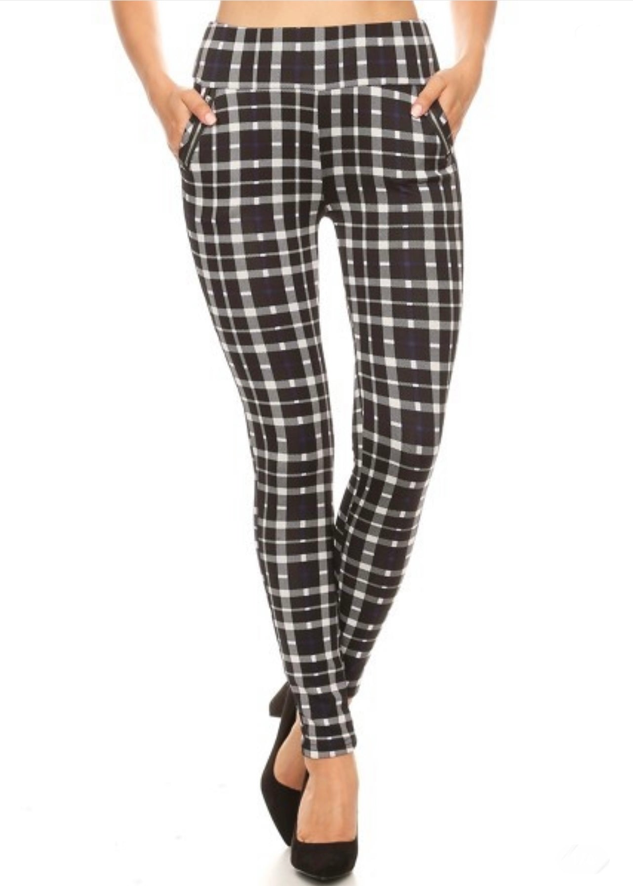 Women's Skinny Stretch Leggings Blue Plaid Casual Pants